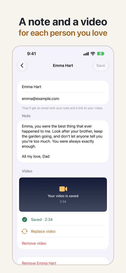 Writing a note and adding a video for one person