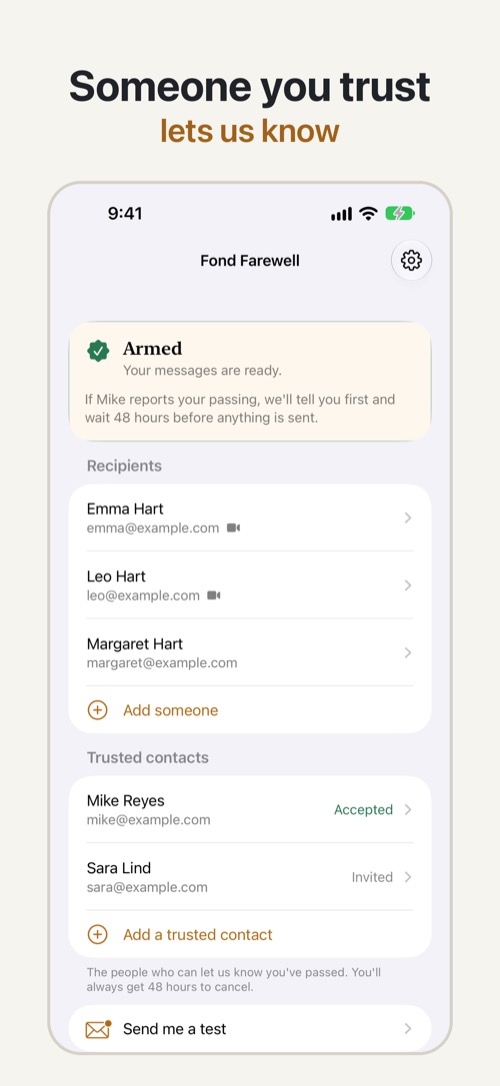 Home screen showing recipients and trusted contacts, armed